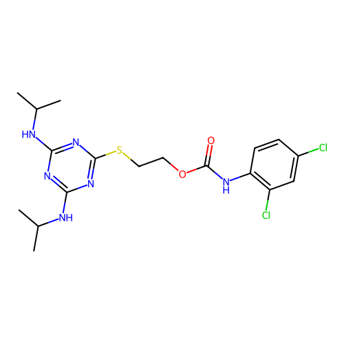 2-{[4,6-bis(propan-2-ylamino)-1,3,5-triazin-2-yl]sulfanyl}ethyl (2,4-dichlorophenyl)carbamate structure