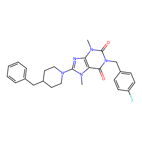 8-(4-benzyl-1-piperidyl)-1-[(4-fluorophenyl)methyl]-3,7-dimethyl-purine-2,6-dione structure