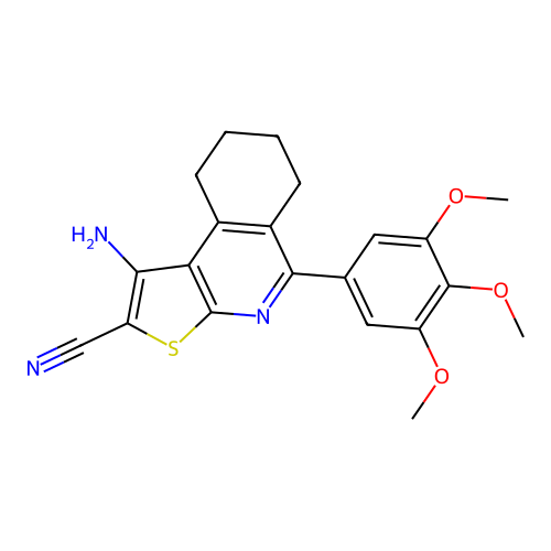 1-amino-5-(3,4,5-trimethoxyphenyl)-6,7,8,9-tetrahydrothieno[2,3-c]isoquinoline-2-carbonitrile structure