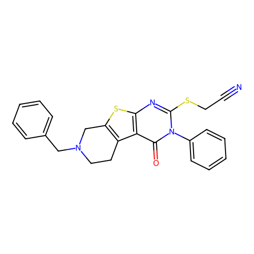 [(7-benzyl-4-oxo-3-phenyl-3,4,5,6,7,8-hexahydropyrido[4',3':4,5]thieno[2,3-d]pyrimidin-2-yl)sulfanyl]acetonitrile structure