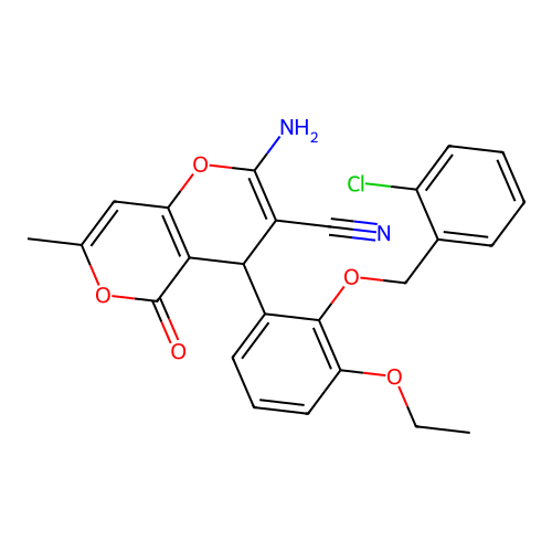 2-amino-4-{2-[(2-chlorobenzyl)oxy]-3-ethoxyphenyl}-7-methyl-5-oxo-4H,5H-pyrano[4,3-b]pyran-3-carbonitrile structure
