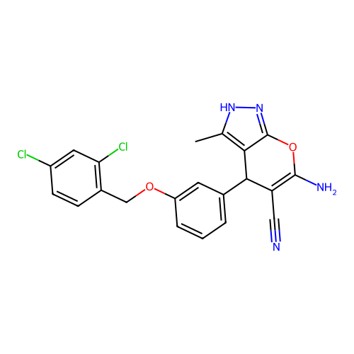 6-amino-4-{3-[(2,4-dichlorobenzyl)oxy]phenyl}-3-methyl-1,4-dihydropyrano[2,3-c]pyrazole-5-carbonitrile structure