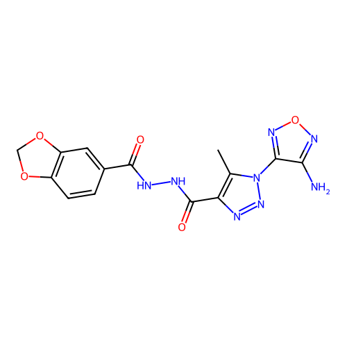 1-(4-amino-1,2,5-oxadiazol-3-yl)-N'-(1,3-benzodioxol-5-ylcarbonyl)-5-methyl-1H-1,2,3-triazole-4-carbohydrazide structure