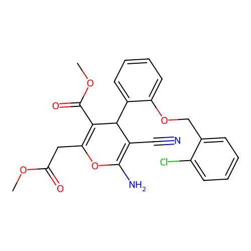 methyl 6-amino-4-{2-[(2-chlorobenzyl)oxy]phenyl}-5-cyano-2-(2-methoxy-2-oxoethyl)-4H-pyran-3-carboxylate structure