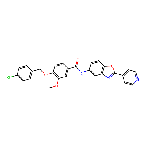 {4-[(4-chlorophenyl)methoxy]-3-methoxyphenyl}-N-(2-(4-pyridyl)benzoxazol-5-yl) carboxamide structure