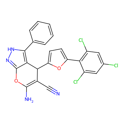 6-amino-3-phenyl-4-(5-(2,4,6-trichlorophenyl)furan-2-yl)-1,4-dihydropyrano[2,3-c]pyrazole-5-carbonitrile structure