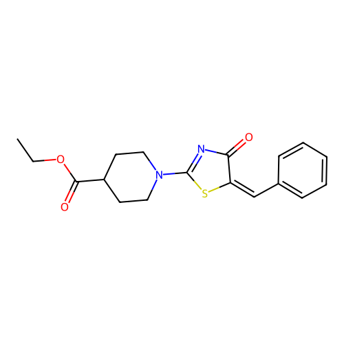 (E)-ethyl 1-(5-benzylidene-4-oxo-4,5-dihydrothiazol-2-yl)piperidine-4-carboxylate structure