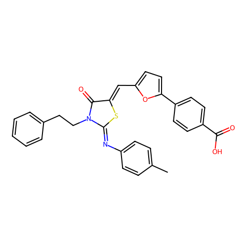 4-(5-((Z)-((E)-4-oxo-3-phenethyl-2-(p-tolylimino)thiazolidin-5-ylidene)methyl)furan-2-yl)benzoic acid structure