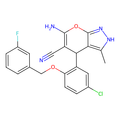 6-amino-4-{5-chloro-2-[(3-fluorobenzyl)oxy]phenyl}-3-methyl-1,4-dihydropyrano[2,3-c]pyrazole-5-carbonitrile structure