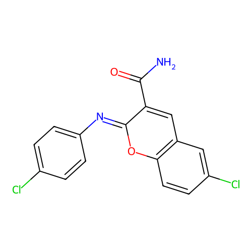 6-chloro-2-[(4-chlorophenyl)imino]-2H-chromene-3-carboxamide structure