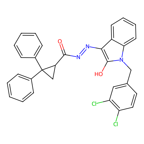 N'-[(3Z)-1-(3,4-dichlorobenzyl)-2-oxo-1,2-dihydro-3H-indol-3-ylidene]-2,2-diphenylcyclopropanecarbohydrazide structure