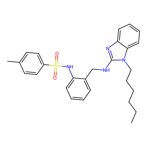 N-(2-(((1-hexyl-1H-benzo[d]imidazol-2-yl)amino)methyl)phenyl)-4-methylbenzenesulfonamide structure