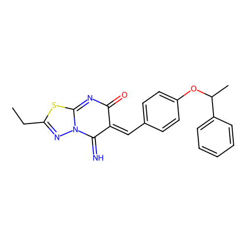 (6Z)-2-ethyl-5-imino-6-[4-(1-phenylethoxy)benzylidene]-5,6-dihydro-7H-[1,3,4]thiadiazolo[3,2-a]pyrimidin-7-one structure