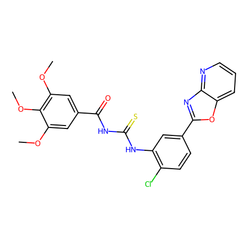N-((2-chloro-5-(oxazolo[4,5-b]pyridin-2-yl)phenyl)carbamothioyl)-3,4,5-trimethoxybenzamide structure