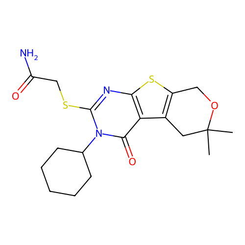 2-[(3-cyclohexyl-6,6-dimethyl-4-oxo-3,5,6,8-tetrahydro-4H-pyrano[4',3':4,5]thieno[2,3-d]pyrimidin-2-yl)sulfanyl]acetamide structure