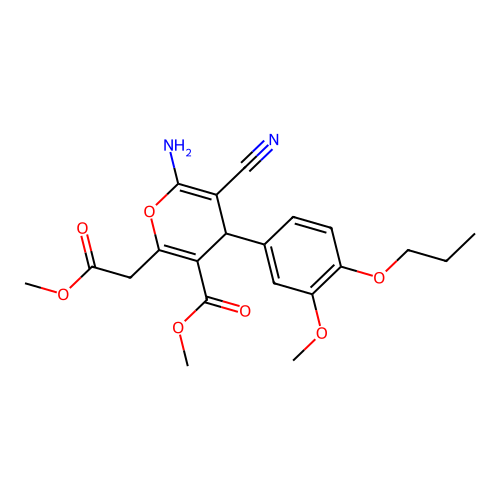 methyl 6-amino-5-cyano-2-(2-methoxy-2-oxoethyl)-4-(3-methoxy-4-propoxyphenyl)-4H-pyran-3-carboxylate structure