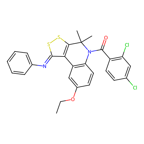 (2,4-dichlorophenyl)-(8-ethoxy-4,4-dimethyl-1-phenyliminodithiolo[3,4-c]quinolin-5-yl)methanone structure