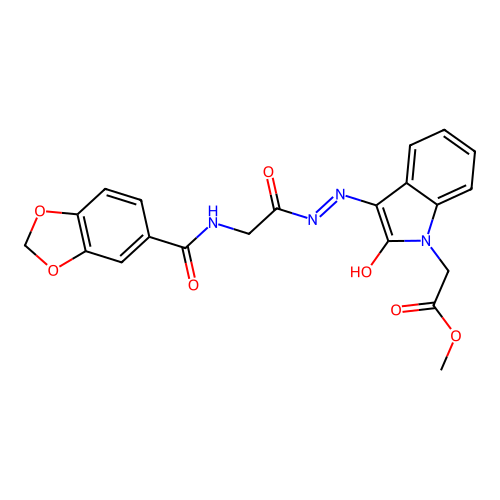 methyl [(3Z)-3-(2-{[(1,3-benzodioxol-5-ylcarbonyl)amino]acetyl}hydrazinylidene)-2-oxo-2,3-dihydro-1H-indol-1-yl]acetate structure