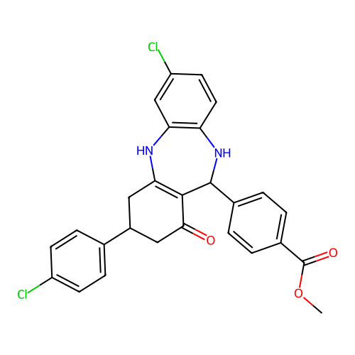 methyl 4-[7-chloro-3-(4-chlorophenyl)-1-oxo-2,3,4,5,10,11-hexahydro-1H-dibenzo[b,e][1,4]diazepin-11-yl]benzoate structure