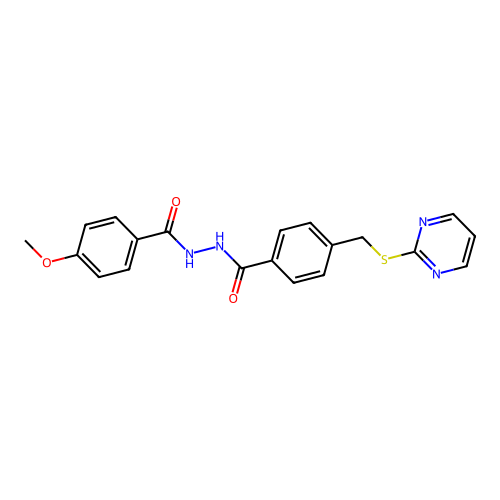 4-methoxy-N'-({4-[(pyrimidin-2-ylsulfanyl)methyl]phenyl}carbonyl)benzohydrazide structure