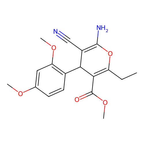 methyl 6-amino-5-cyano-4-(2,4-dimethoxyphenyl)-2-ethyl-4H-pyran-3-carboxylate structure
