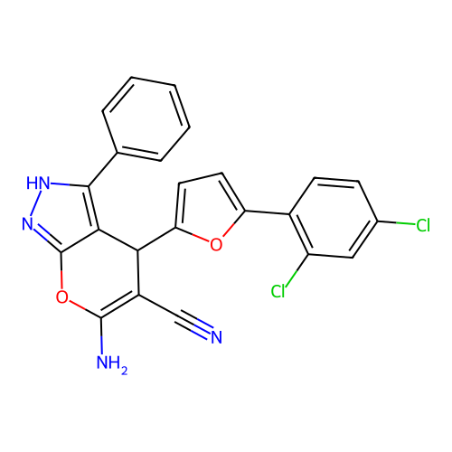 6-amino-4-[5-(2,4-dichlorophenyl)furan-2-yl]-3-phenyl-1,4-dihydropyrano[2,3-c]pyrazole-5-carbonitrile structure