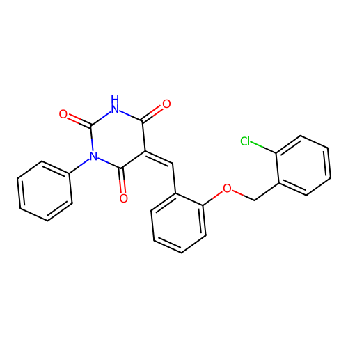 (5Z)-5-{2-[(2-chlorobenzyl)oxy]benzylidene}-1-phenylpyrimidine-2,4,6(1H,3H,5H)-trione structure
