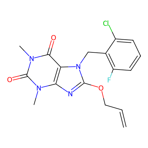 7-(2-chloro-6-fluorobenzyl)-1,3-dimethyl-8-(prop-2-en-1-yloxy)-3,7-dihydro-1H-purine-2,6-dione structure