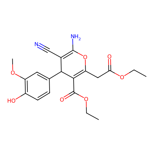 ethyl 6-amino-5-cyano-2-(2-ethoxy-2-oxoethyl)-4-(4-hydroxy-3-methoxyphenyl)-4H-pyran-3-carboxylate structure