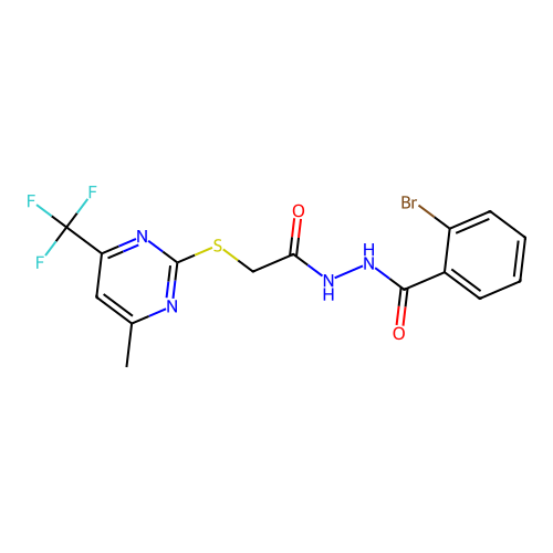 2-bromo-N'-[2-[4-methyl-6-(trifluoromethyl)pyrimidin-2-yl]sulfanylacetyl]benzohydrazide structure