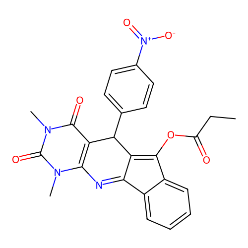 1,3-dimethyl-5-(4-nitrophenyl)-2,4-dioxo-2,3,4,5-tetrahydro-1H-indeno[2',1':5,6]pyrido[2,3-d]pyrimidin-6-yl propionate structure