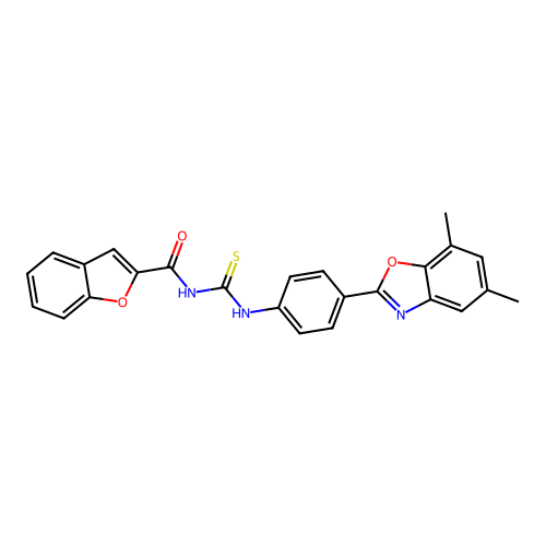 N-{[4-(5,7-dimethyl-1,3-benzoxazol-2-yl)phenyl]carbamothioyl}-1-benzofuran-2-carboxamide structure