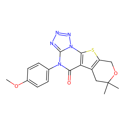4-(4-methoxyphenyl)-7,7-dimethyl-6,7-dihydro-4H-pyrano[4',3':4,5]thieno[3,2-e]tetrazolo[1,5-a]pyrimidin-5(9H)-one structure