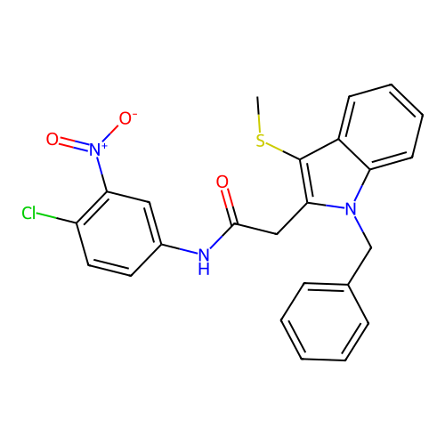 2-(1-benzyl-3-(methylthio)-1H-indol-2-yl)-N-(4-chloro-3-nitrophenyl)acetamide structure
