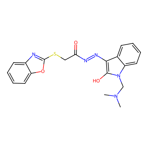 2-(1,3-benzoxazol-2-ylsulfanyl)-N'-{(3E)-1-[(dimethylamino)methyl]-2-oxo-1,2-dihydro-3H-indol-3-ylidene}acetohydrazide structure