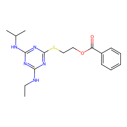 2-{[4-(ethylamino)-6-(propan-2-ylamino)-1,3,5-triazin-2-yl]sulfanyl}ethyl benzoate structure