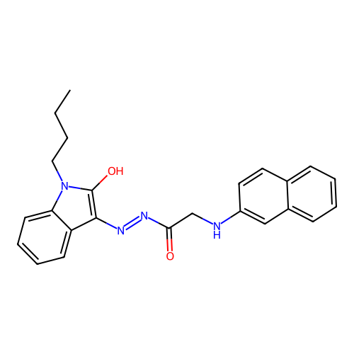 N'-[(3E)-1-butyl-2-oxo-1,2-dihydro-3H-indol-3-ylidene]-2-(naphthalen-2-ylamino)acetohydrazide (non-preferred name) structure
