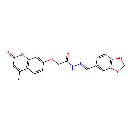 N-[(E)-1,3-benzodioxol-5-ylmethylideneamino]-2-(4-methyl-2-oxochromen-7-yl)oxyacetamide structure