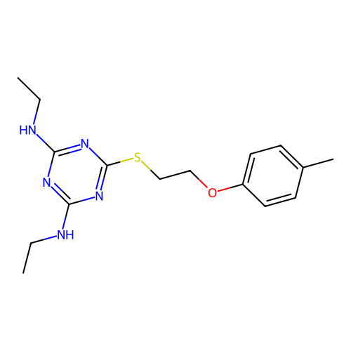 N,N'-diethyl-6-{[2-(4-methylphenoxy)ethyl]sulfanyl}-1,3,5-triazine-2,4-diamine structure