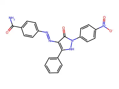 4-[(2E)-2-[1-(4-nitrophenyl)-5-oxo-3-phenylpyrazol-4-ylidene]hydrazinyl]benzamide structure