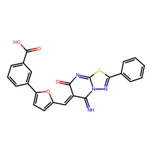 3-{5-[(Z)-(5-imino-7-oxo-2-phenyl-5H-[1,3,4]thiadiazolo[3,2-a]pyrimidin-6(7H)-ylidene)methyl]furan-2-yl}benzoic acid structure