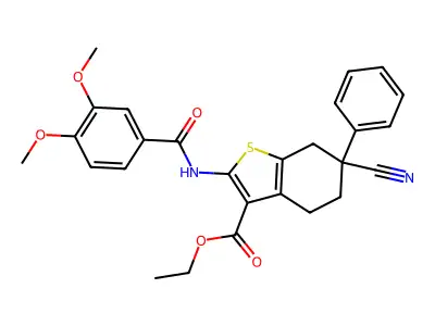ethyl 6-cyano-2-{[(3,4-dimethoxyphenyl)carbonyl]amino}-6-phenyl-4,5,6,7-tetrahydro-1-benzothiophene-3-carboxylate structure