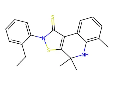 2-(2-ethylphenyl)-4,4,6-trimethyl-4,5-dihydroisothiazolo[5,4-c]quinoline-1(2H)-thione structure
