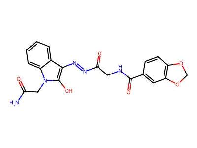 N-(2-{(2Z)-2-[1-(2-amino-2-oxoethyl)-2-oxo-1,2-dihydro-3H-indol-3-ylidene]hydrazinyl}-2-oxoethyl)-1,3-benzodioxole-5-carboxamide structure