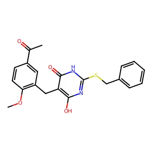 5-[(5-acetyl-2-methoxyphenyl)methyl]-2-benzylsulfanyl-4-hydroxy-1H-pyrimidin-6-one structure