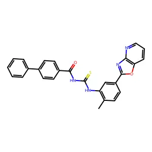 N-[[2-methyl-5-([1,3]oxazolo[4,5-b]pyridin-2-yl)phenyl]carbamothioyl]-4-phenylbenzamide structure