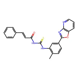 (2E)-N-{[2-methyl-5-([1,3]oxazolo[4,5-b]pyridin-2-yl)phenyl]carbamothioyl}-3-phenylprop-2-enamide structure