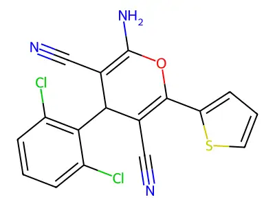 2-amino-4-(2,6-dichlorophenyl)-6-(thiophen-2-yl)-4H-pyran-3,5-dicarbonitrile structure