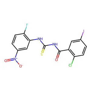 2-chloro-N-[(2-fluoro-5-nitrophenyl)carbamothioyl]-5-iodobenzamide structure