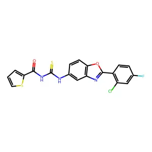 N-[[2-(2-chloro-4-fluorophenyl)-1,3-benzoxazol-5-yl]carbamothioyl]thiophene-2-carboxamide structure